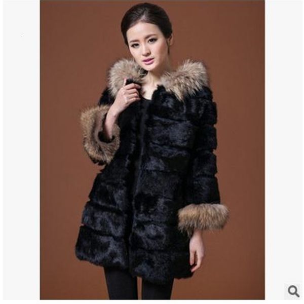 

women's wool & blends womens faux fur collar winter autumn jacket black white hooded rabbit jackets long section female overco