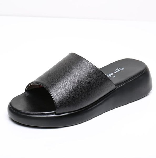 

slippers women flat slides shoes summer genuine leather wedges platform sandals for casual, Black