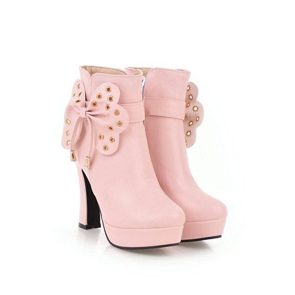 

boots asumer metal bowknot ankle boots for women round toe platform pu fashion heels size34-431 dxye, Black