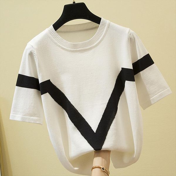

casual thin knitted women sweaters summer striped hit color loose woman pullover short sleeve womens clothing white, White;black