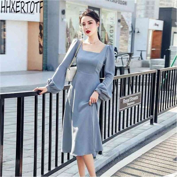 

spring summer elegant temperament women high waist square neck lantern sleeve casual dress 210531, Black;gray
