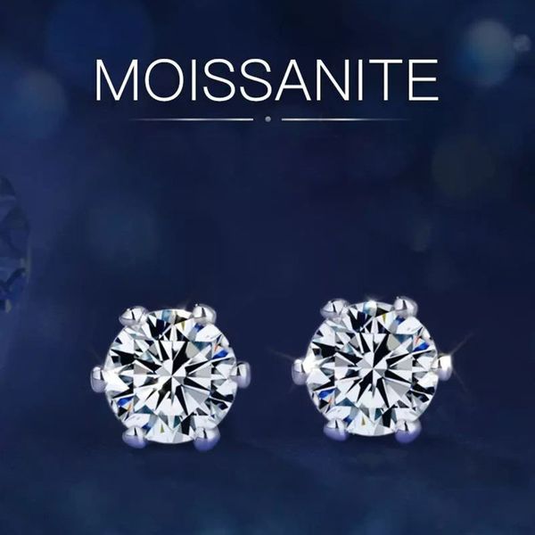 

s925 sterling silver screw earring one carat moissanite studs classic six-claw for male and female, Golden;silver