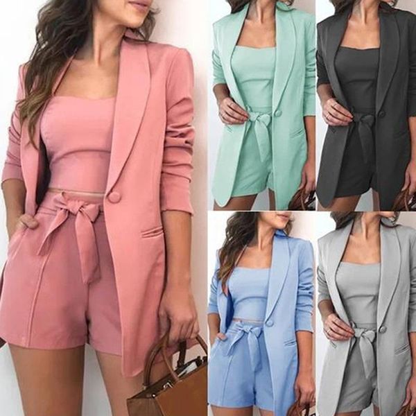 

women's tracksuits 3pcs/set office lady outfits long sleeve blazer set women solid color coat shorts vest woman suit summer clothes, Gray