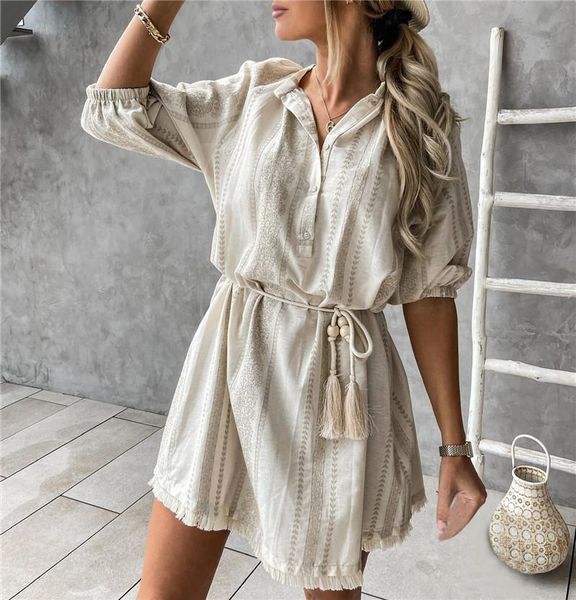 

casual dresses summer fall women shirt dress beach printed sundress v neck short mini witrh buttons clothing female 2021, Black;gray