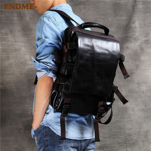

backpack pndme genuine leather men's black casual simple designer luxury cowhide anti-theft travel lapbagpack