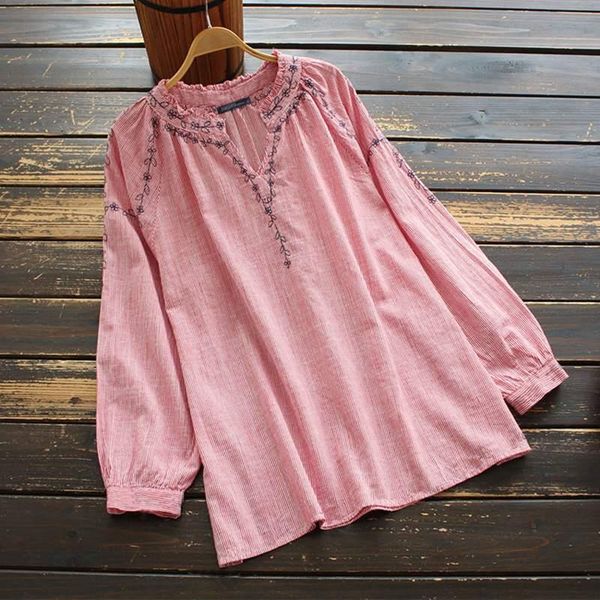 

vintage floral embroidery blouse autumn women stripe shirt bohemian v neck long sleeve casual loose blusas plus size women's blouses &, White