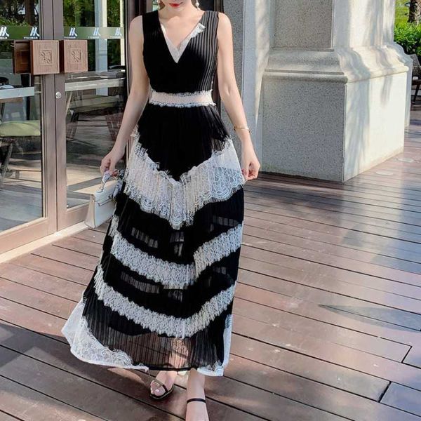 

v-neck lace stitching maxi dress bohemian summer sleeveless women high waist beach pleated long vestidos 210526, Black;gray