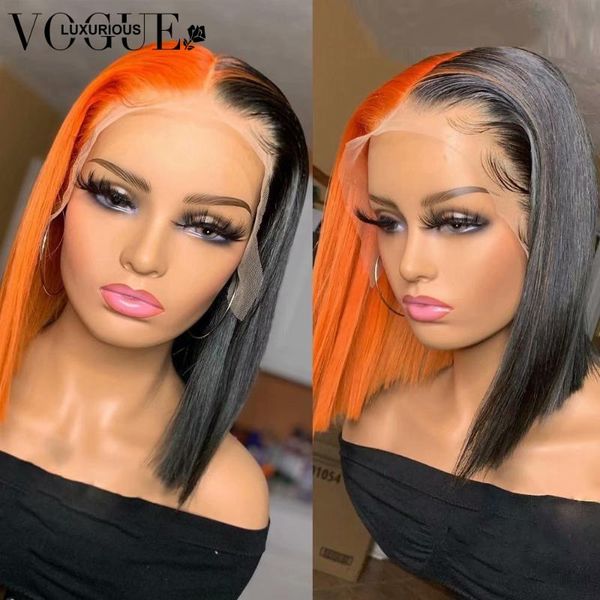 

lace wigs short bob human hair half black ginger blonde wig preplucked glueless brazilian straight front for women, Black;brown