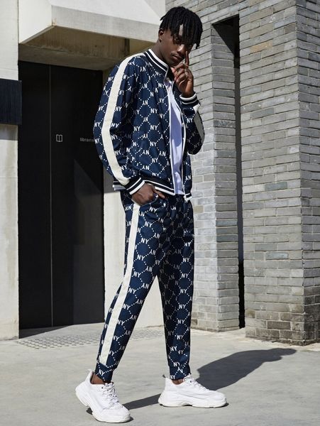 

men letter graphic zip up & contrast seam side pants a5fu#, Gray
