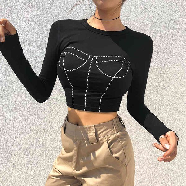 

spring and summer black women's short t-shirt line printing bodycon long-sleeved crop female clothing 210514, White