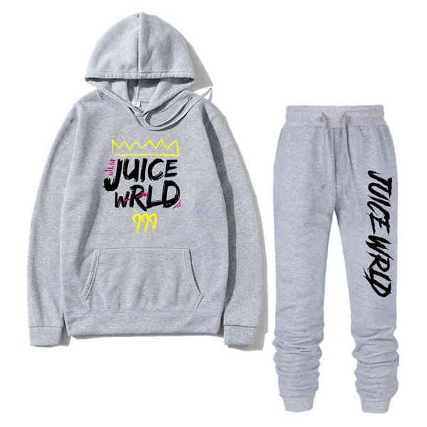 

2 pieces sets tracksuit men rapper juice wrld hooded sweatshirt pants pullover hoodie sportwear sweat suit casual sportsuits, Gray
