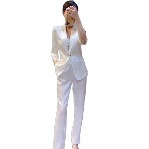 

women's two piece pants commuter fashion suit female two-piece 2021 summer korean office silk thin clothing, White