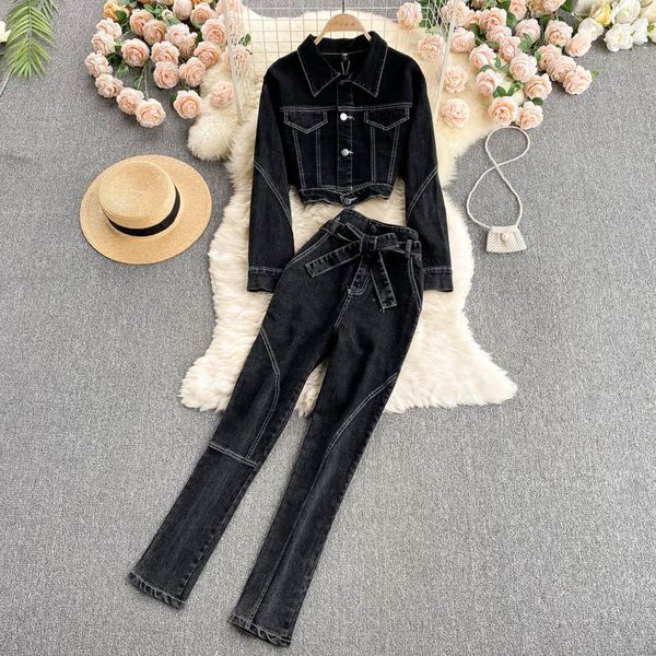 

women's two piece pants women autumn retro denim set turndown-collar single breasted short outwear+high waist long suits 2021, White