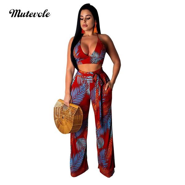 

stigende summer palm leaf print casual two piece set women bodycon 2 pants sets bandage crop wide leg trousers outfit women's, White