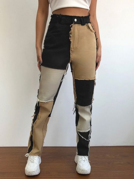 

colorblock spliced raw detail pants 36gr#, Black;white