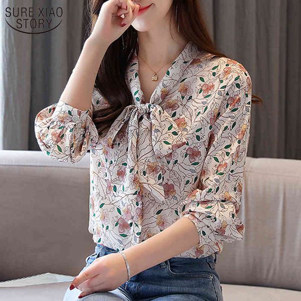 

autumn long sleeve blouses women vintage floral print chiffon shirts loose fashion bow blusas mujer de moda 10549 210508, White