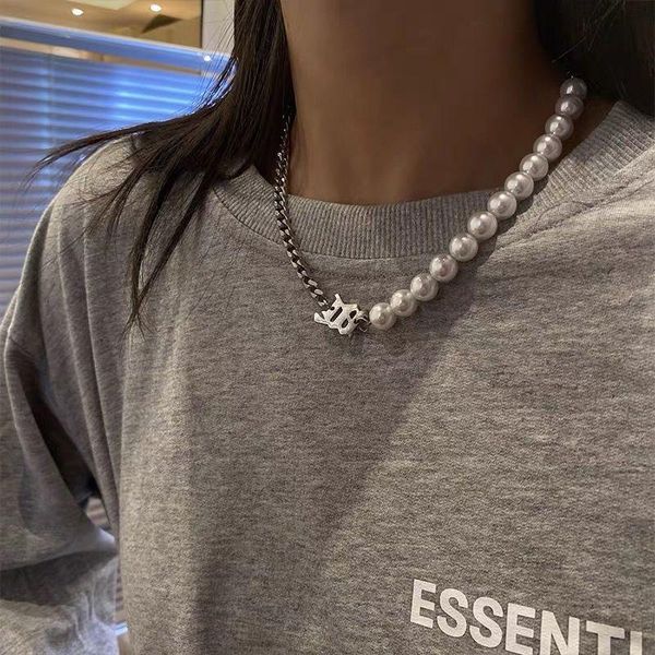 

punk style letter b pendant choker necklace for women charm metal pearl beaded chain alphabet collares jewelry necklaces, Silver