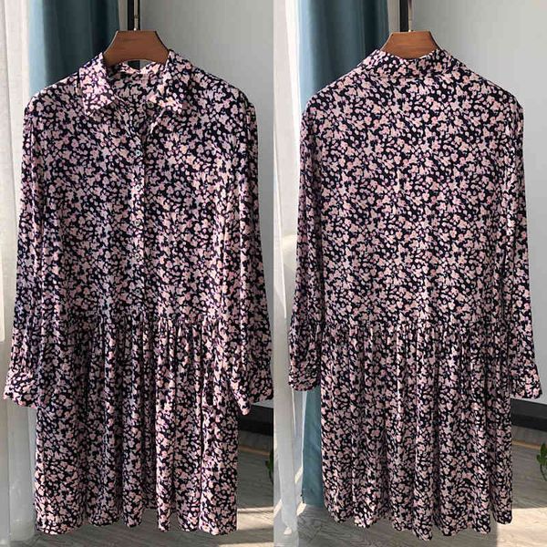 

dress women shirt knee-length dress turn-down collar 100% viscose long sleeve pleated floral printed single breasted autumn dresses, Black;gray