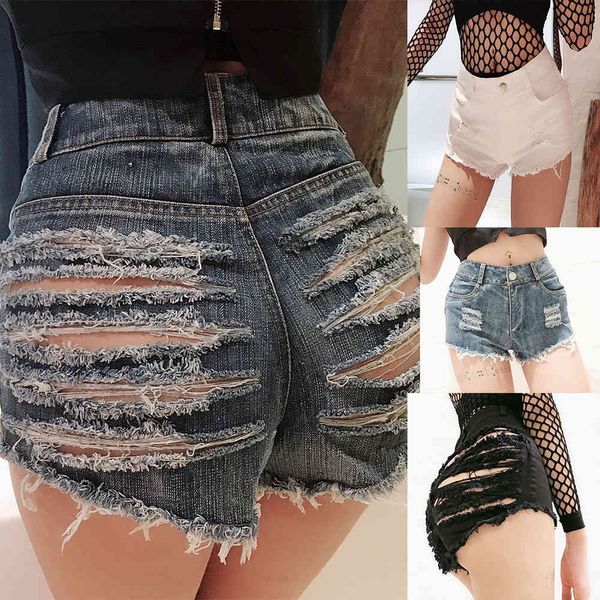 

women's jeans summer shorts pants night club high waist pierced, Blue