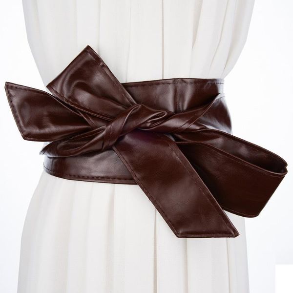 

belts soft pu leather solid color wide corset cummerbunds strap for women girls ties bow dress belt cinturon mujer pd12, Black;brown