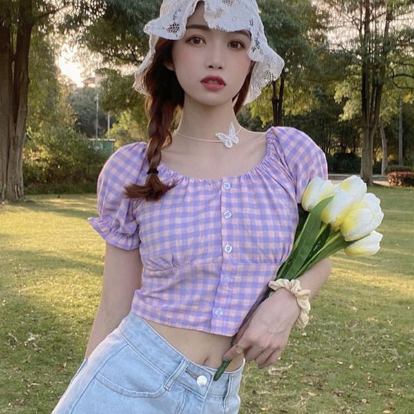 

summer sweet women plaid print square collar blouse puff sleeve short korean style purple shirt women's blouses & shirts, White