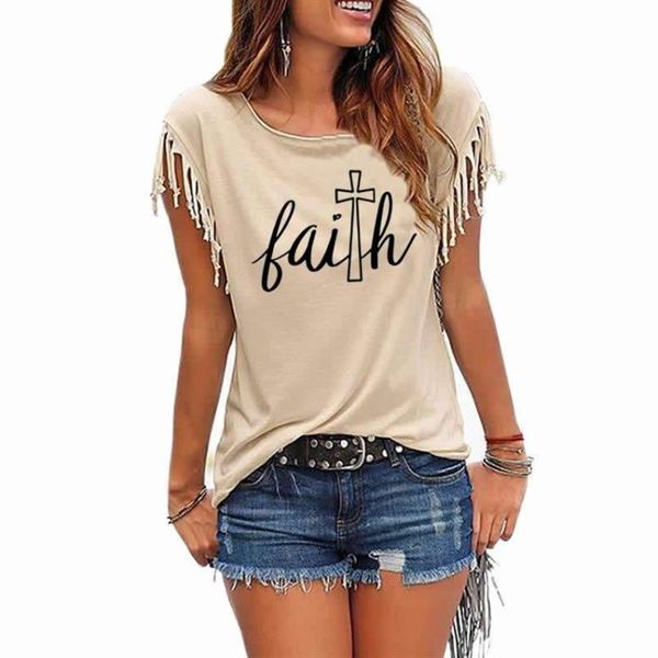 

women's t-shirt fashion tassel short sleeve for women faith letters printing casual summer plus size, White