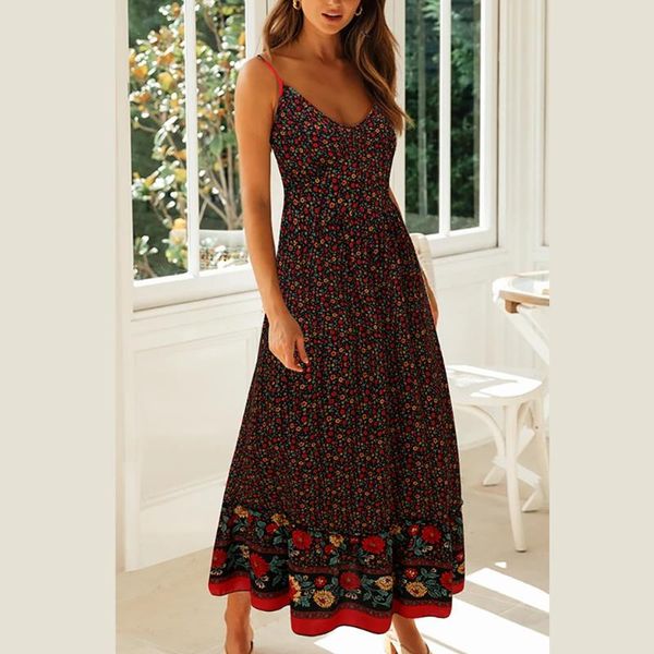 

casual dresses summer women bohemian dress deep v-neck temperament slim suspender sweet floral, Black;gray