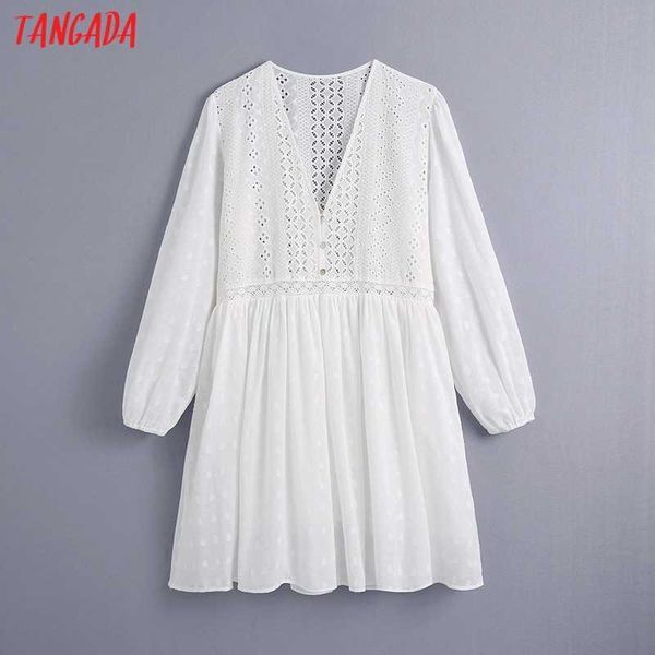 

tangada women embroidery romantic cotton dress long sleeve v neck females vintage white mini dresses vestidos ce186 210609, Black;gray