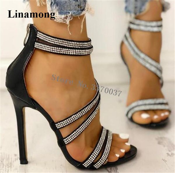 

bling women fashion open toe rhinestone straps stiletto heel gladiator sandals back zipper-up crystal thin heels, Black
