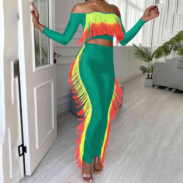 

ladies long sleeve straight neck fashion casual playful off shoulder tassel two-piece set, Gray