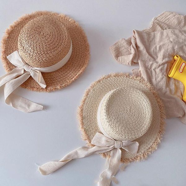 

summer baby girls fashion bowknot woven straw hats 2021 beach with large brim children caps for sun shading &, Yellow
