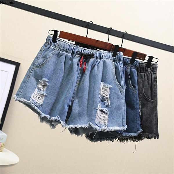

women's shorts denim casual fashion loose plus size solid color hole pocket high waist elastic clothing summer, White;black