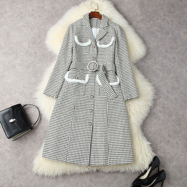 

2021 fall autumn long sleeve notched-lapel black white houndstooth panelled belted single-breasted pockets tweed coat elegant long outwear c
