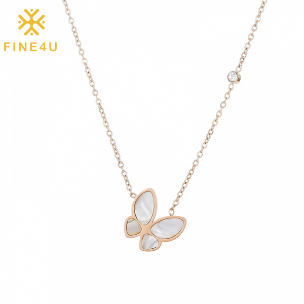 

pendant necklaces fine4u n906 handmade dainty butterfly necklace with white shell rose gold color initial for women, Silver