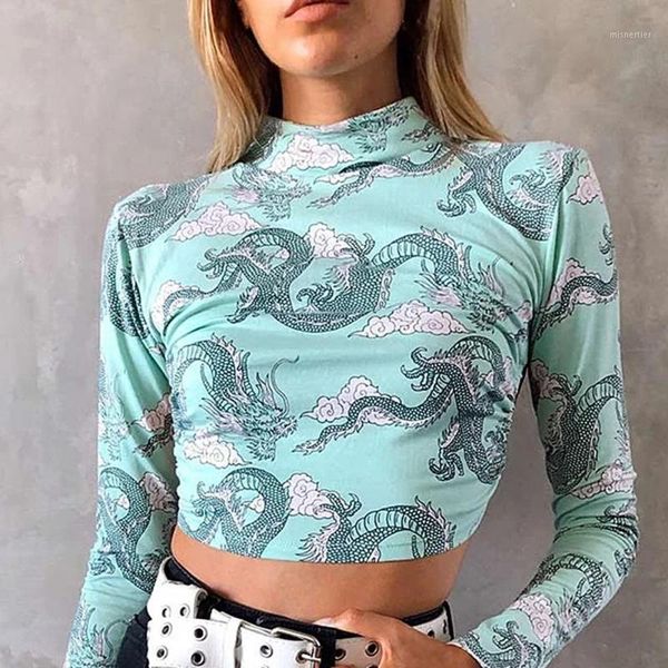 

women's t-shirt women t shirt dragon zebra print turtleneck long sleeve backless slim tee woman clothing, White