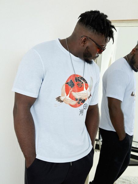 

extended sizes men letter & crane print tee 19ad#, White;black