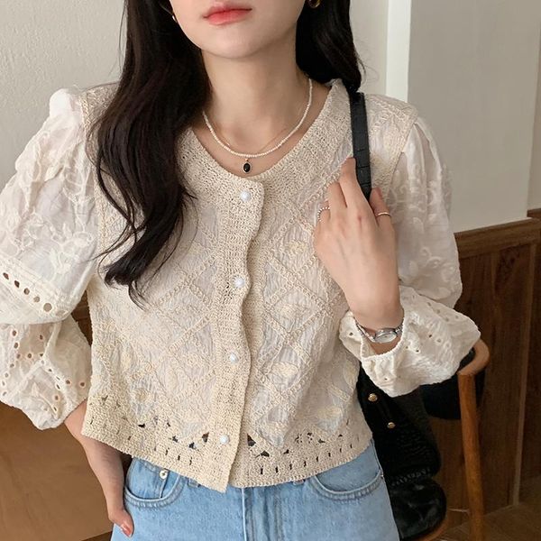 

women's blouses & shirts korean chic summer gentle temperament v-neck hollow embroidery crochet single-breasted loose long-sleeved shir, White