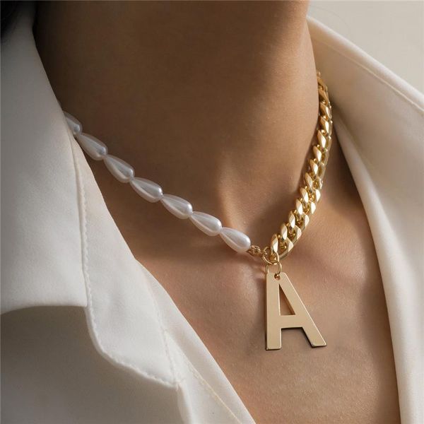 

retro punk stitching vintage necklace of women neck chain water droplets imitation pearl koeran a letter pendant jewelry chains, Silver