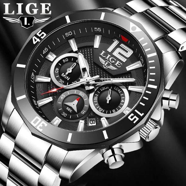 

wristwatches lige men watch business waterproof date watches for fashion sport stainless steel luminous quartz relogio masculino, Slivery;brown