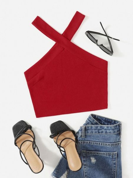 

rib knit halter crop x3u4#, White