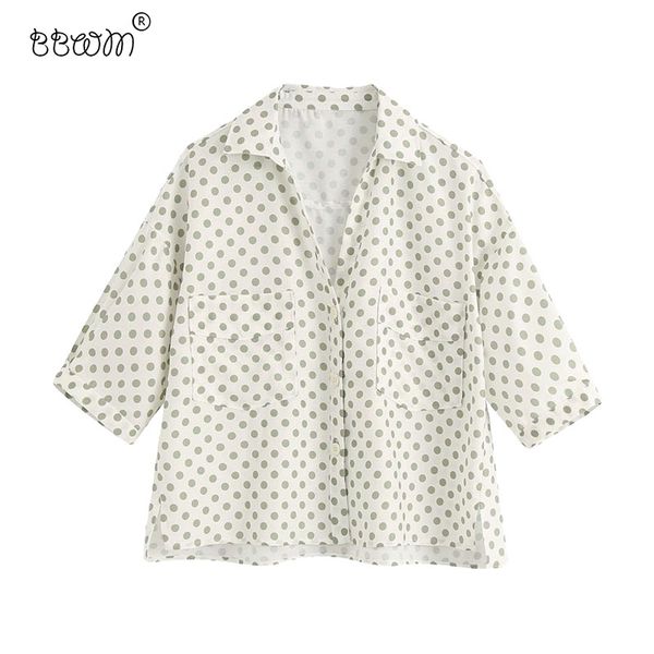 

women sweet fashion polka dot cropped blouses vintage short sleeve side vents shirts girl chic 210520, White