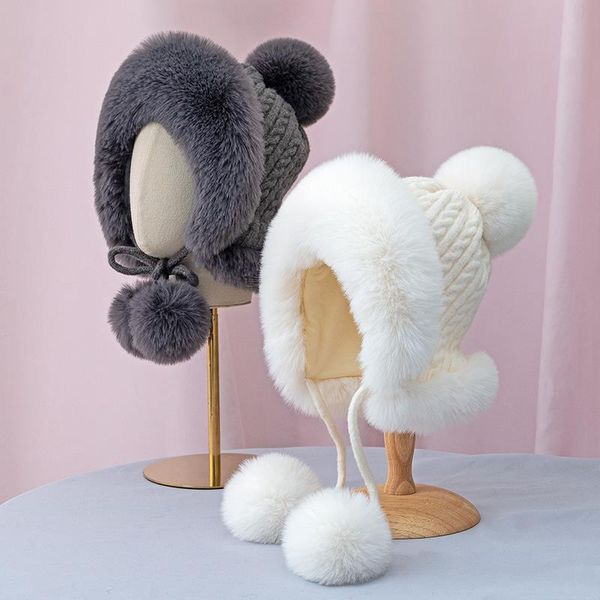 

berets winter women's fluffy imitated fur earmuffs wool hat plus velvet thickening cold and warm ladies fashion hats for women, Blue;gray