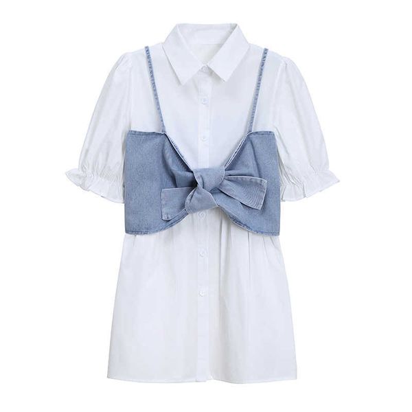 

sweet fashion office lady dresses for women v-neck pleated patchwork dress woman bow denim camisole vest summer 210525, White