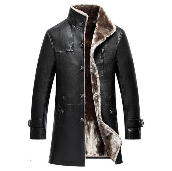 

men's fur & faux 2021 winter thicken leather coat men long section casual turn-down collar warm jacket, Black