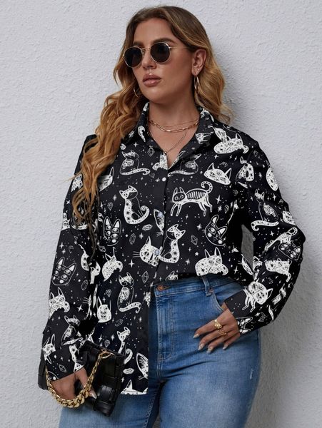 

plus allover cat print button front blouse b2dt#, Black