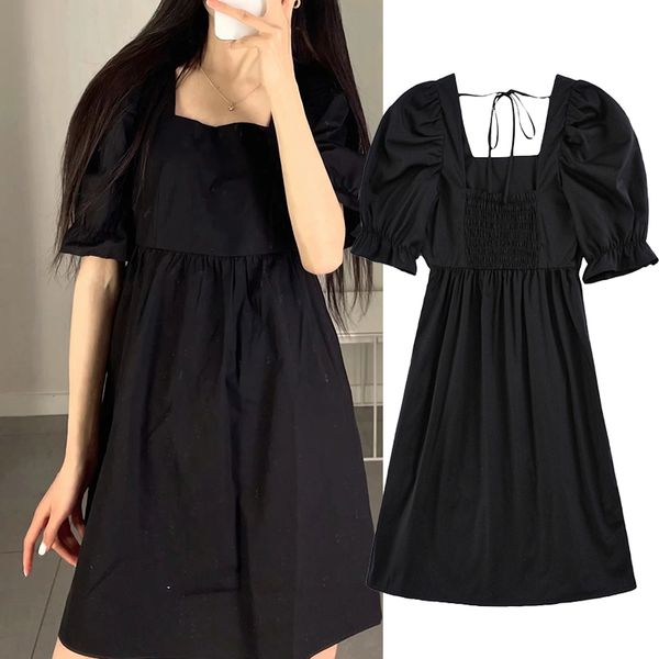 

rompers 2021 spring woman fashions puff dressed short ladies thin lace up small square collar, Black;white