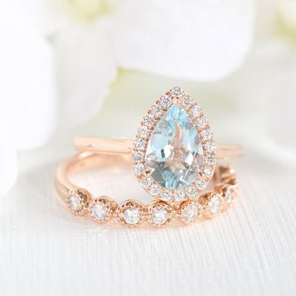 

cluster rings cxsjeremy solid 14k rose gold aquamarine bridal set 6*9mm pear shape and moissanite engagement ring woman wedding party gift, Golden;silver