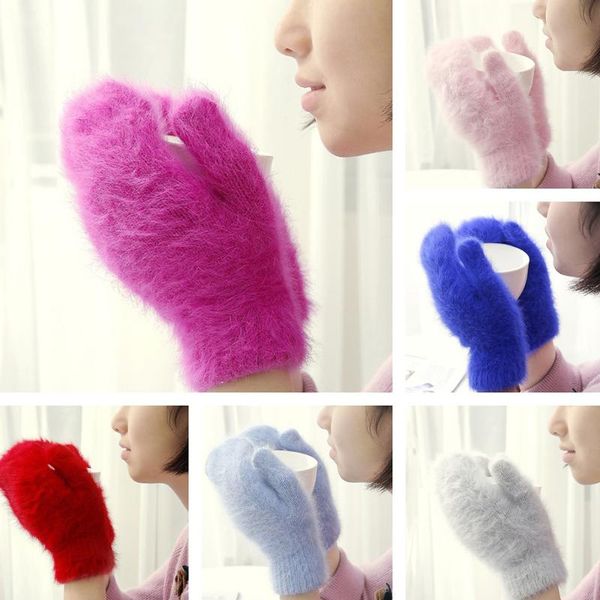 

five fingers gloves soft fur winter for women, fashion japan lined natural mittens fuzzy fingerless mitten warmer, Blue;gray