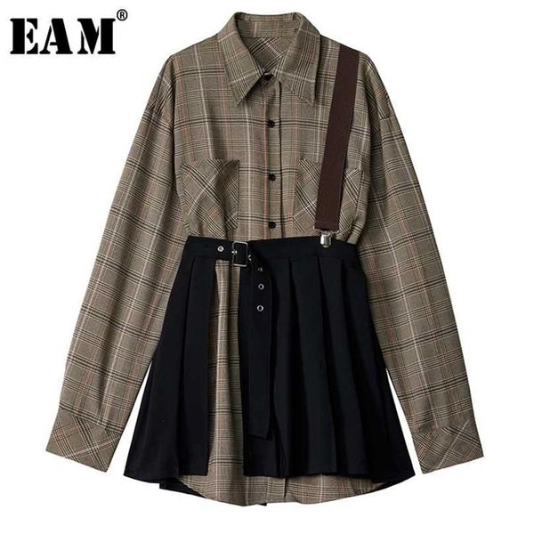 

[eam] women plaid pleated split two piece dress lapel long sleeve loose fit fashion spring autumn 1d7110 211023, Black;gray