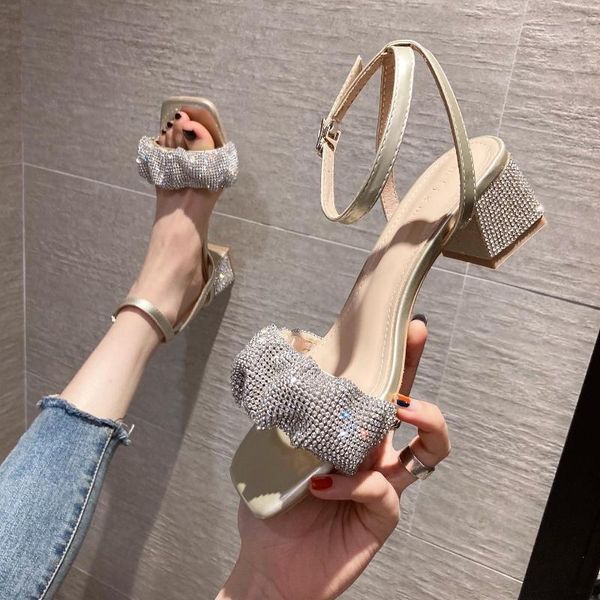 

sandals rhinestone 2021 women's low-heeled shoes with strap square toe summer clear girls fashion block scandals, Black